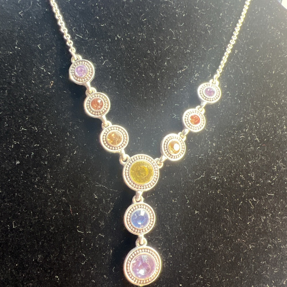 Napier Drop Necklace Rhinestone Blue Pink Yellow Purple Silver Tone - Picture 4 of 9